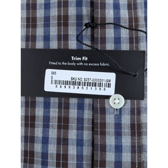 Tie Bar Trim Fit Blue Brown Plaid Button-Down Shirt Mens Small long Sleeve NWT - Picture 9 of 13